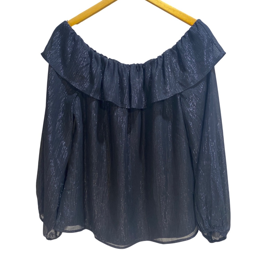White House Black Market Womens Metallic Shimmer Off Shoulder Ruffle Blouse‎ M